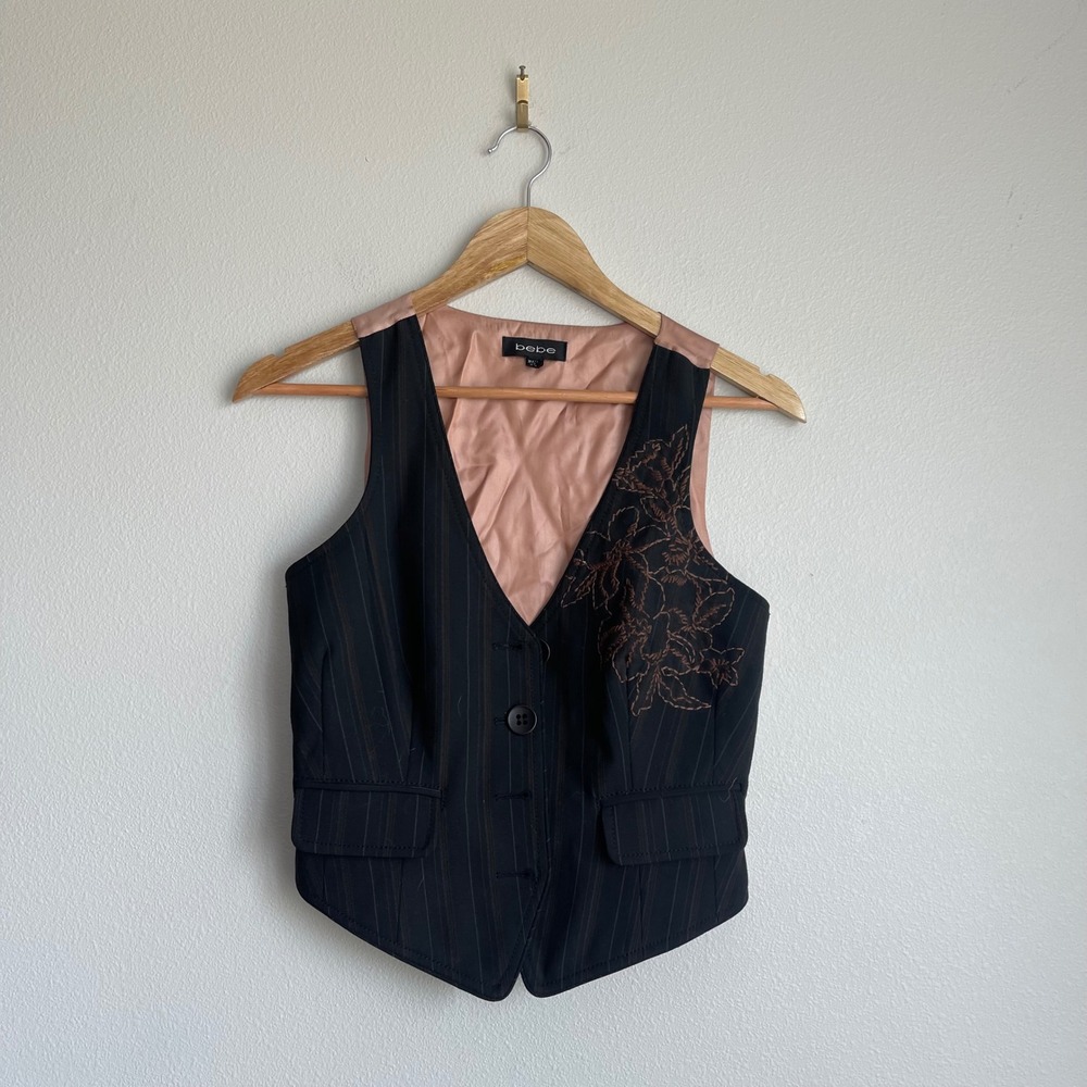 Vintage 90s Y2K Bebe Pinstripe Floral Embroidered Vest‎ - Picture 2 of 9